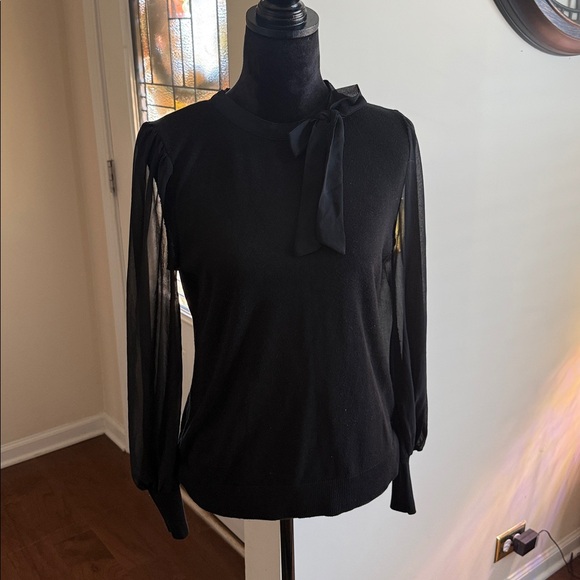 Indigo Rose Top Women's Bow Neck Sheer Long Sleeve - Picture 2 of 9